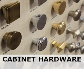 Clicakable image of cabinet door knobs in a range of finishes with the caption "cabinet hardware" below, linking to a category of the same name