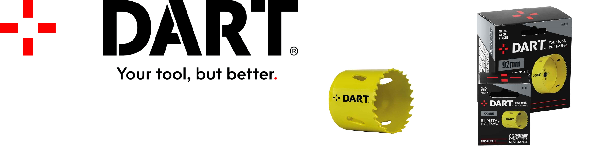 Image contains the logo for Dart Tool Group, as well as example pictures of their holesaws. Image is hyperlinked directly to the premium holesaws page