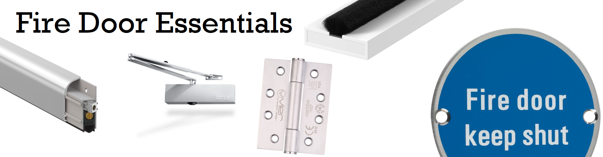 Products for fire doors - banner shows a hinge, signage, various smoke and intumescent seals, and a door closer