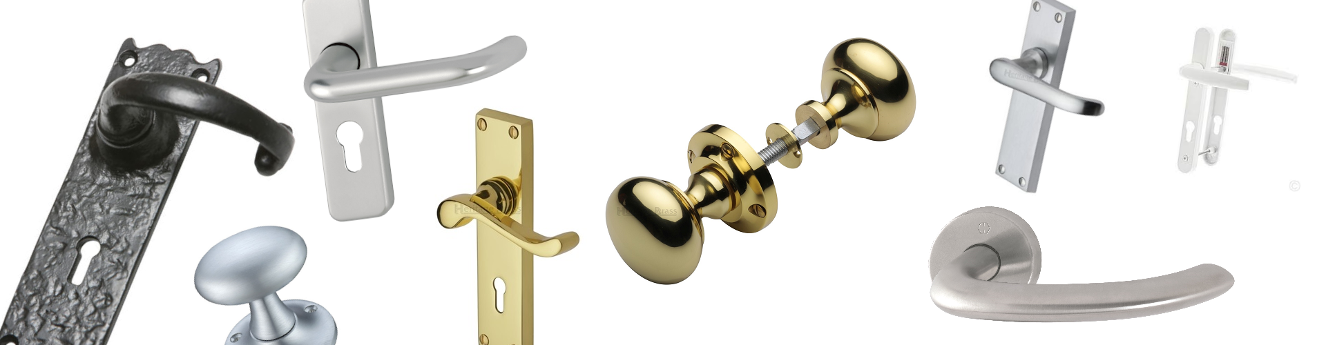 image shows a range of door handles and knobs in a selection of types, colours, and finishes. It is claickable and links to the lever doo rhandles landing page
